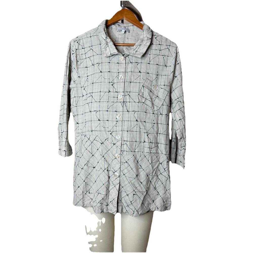 John Mark Women's Beige And Green Size XL Abstract Button Up Long Sleeve Shirt